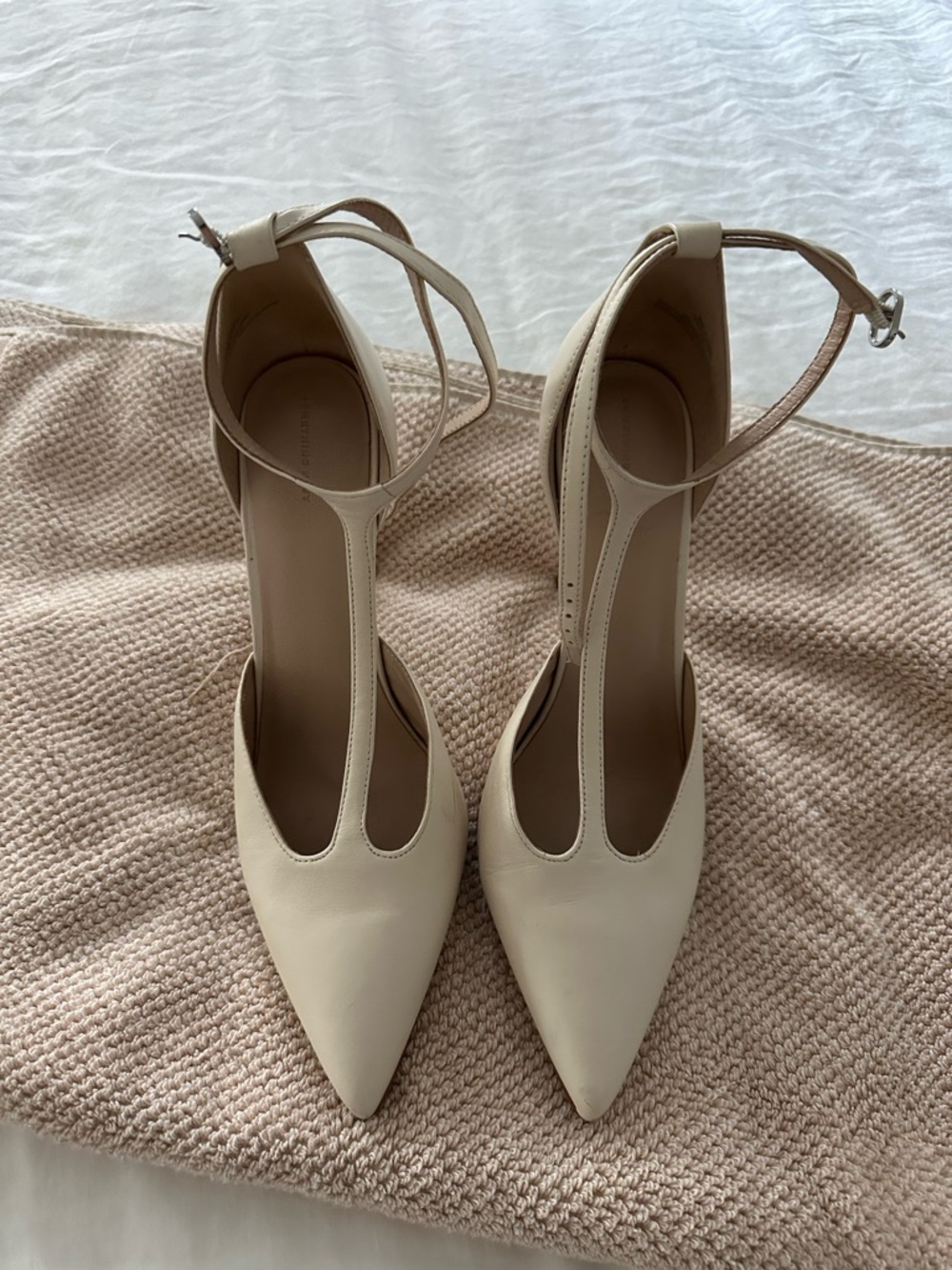 Something Navy Cream Pointed T-Strap Ankle Strap Heels